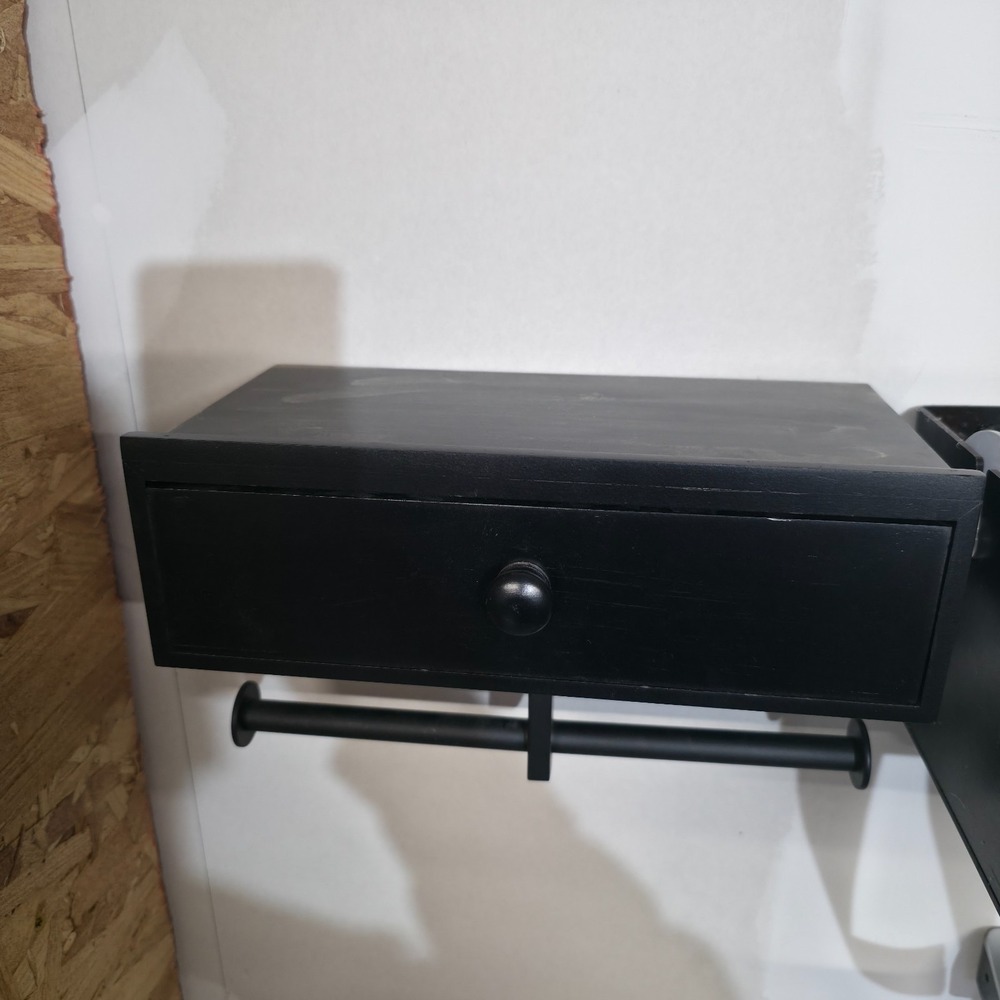 Dual Black Wooden Toilet Paper Holder With Drawer